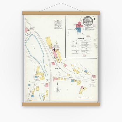 Old map wall art mockup — magnetic wood frame on white wall — Sanborn Fire Insurance Map from Shrewsbury, York County, Pennsylvania (1908) - Complete Map Set
