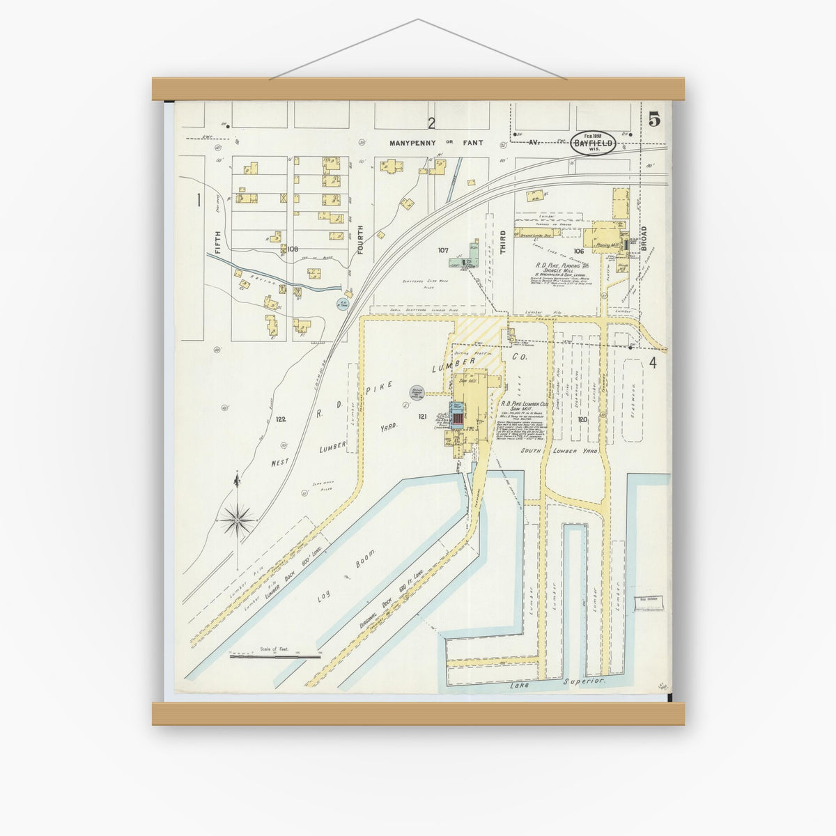 Old map wall art mockup — magnetic wood frame on white wall — Sanborn Fire Insurance Map from Bayfield, Bayfield County, Wisconsin (1898), Sheet #0005
