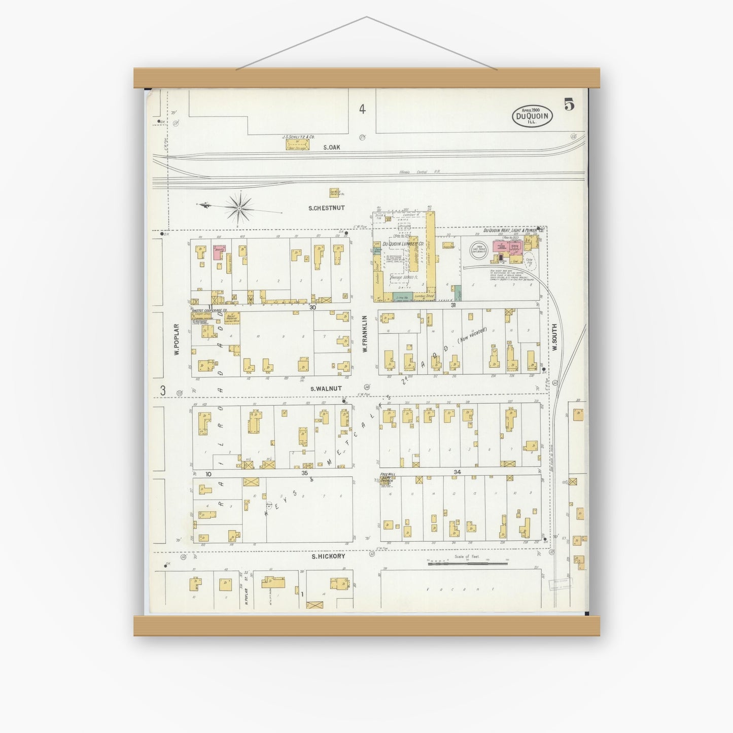 Old map wall art mockup — magnetic wood frame on white wall — Sanborn Fire Insurance Map from Du Quoin, Perry County, Illinois (1900), Sheet #0005