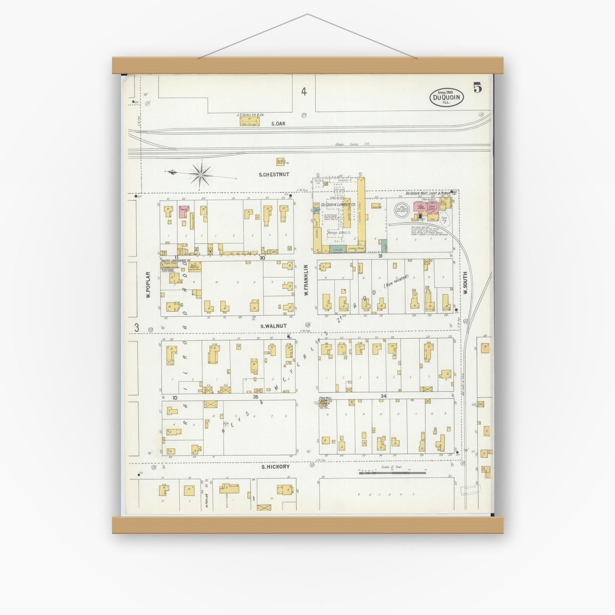 Old map wall art mockup — magnetic wood frame on white wall — Sanborn Fire Insurance Map from Du Quoin, Perry County, Illinois (1900), Sheet #0005