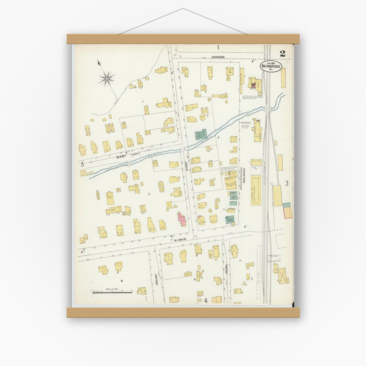 Old map wall art mockup — magnetic wood frame on white wall — Sanborn Fire Insurance Map from Bainbridge, Chenango County, New York (1903), Sheet #0002
