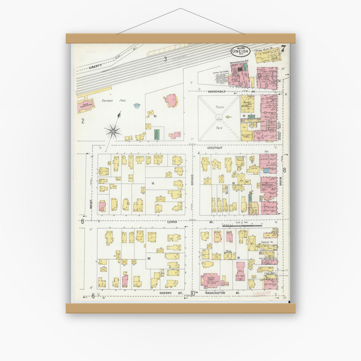 Old map wall art mockup — magnetic wood frame on white wall — Sanborn Fire Insurance Map from Oneida, Madison County, New York (1904), Sheet #0006