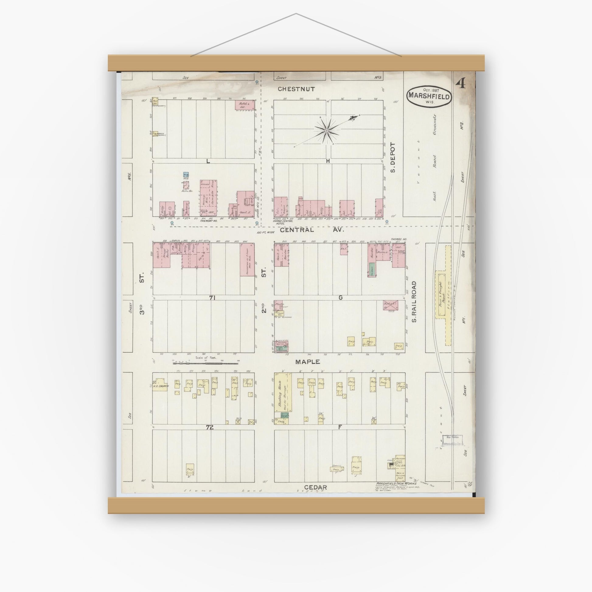 Old map wall art mockup — magnetic wood frame on white wall — Sanborn Fire Insurance Map from Marshfield, Wood County, Wisconsin (1887), Sheet #0004