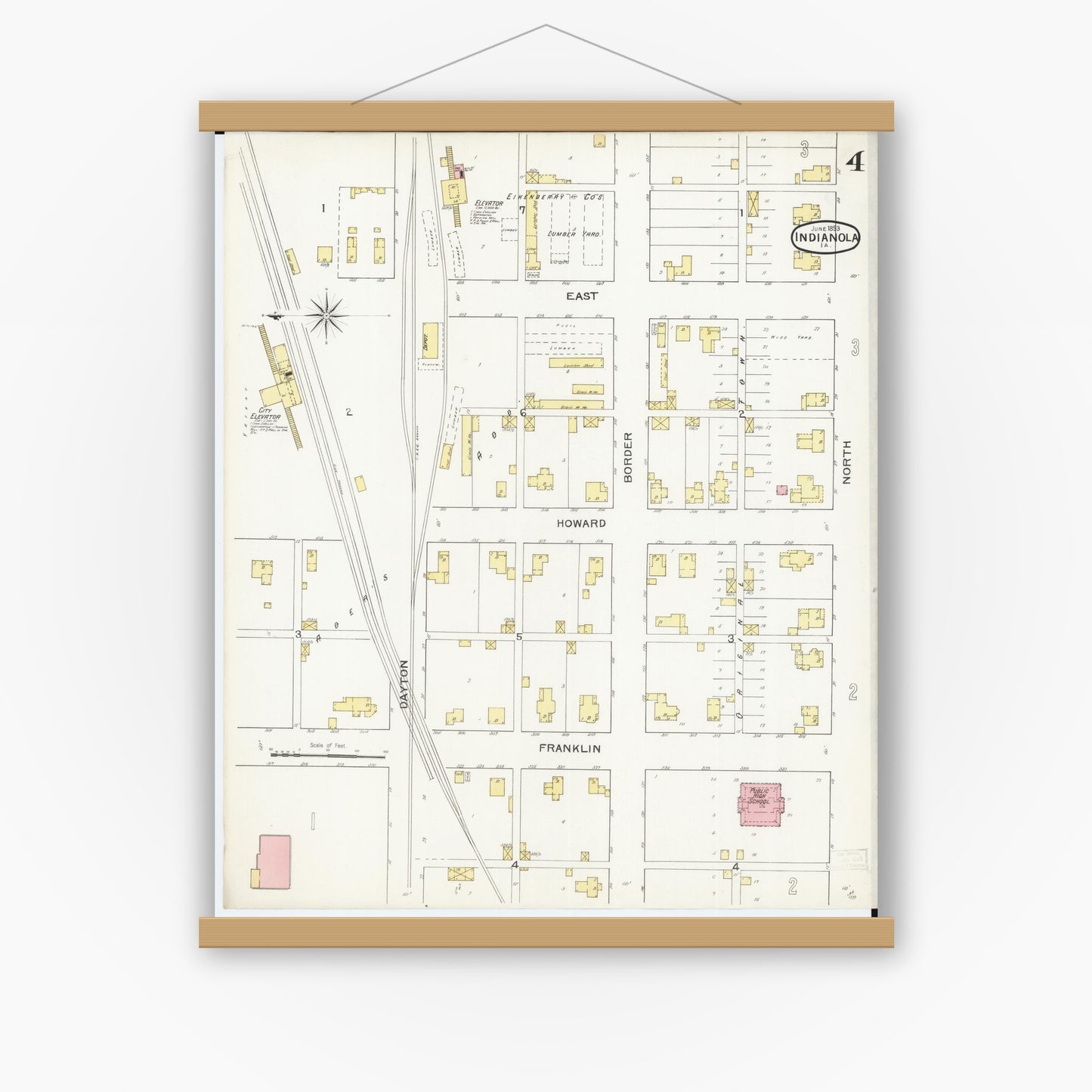 Old map wall art mockup — magnetic wood frame on white wall — Sanborn Fire Insurance Map from Indianola, Warren County, Iowa (1893), Sheet #0004