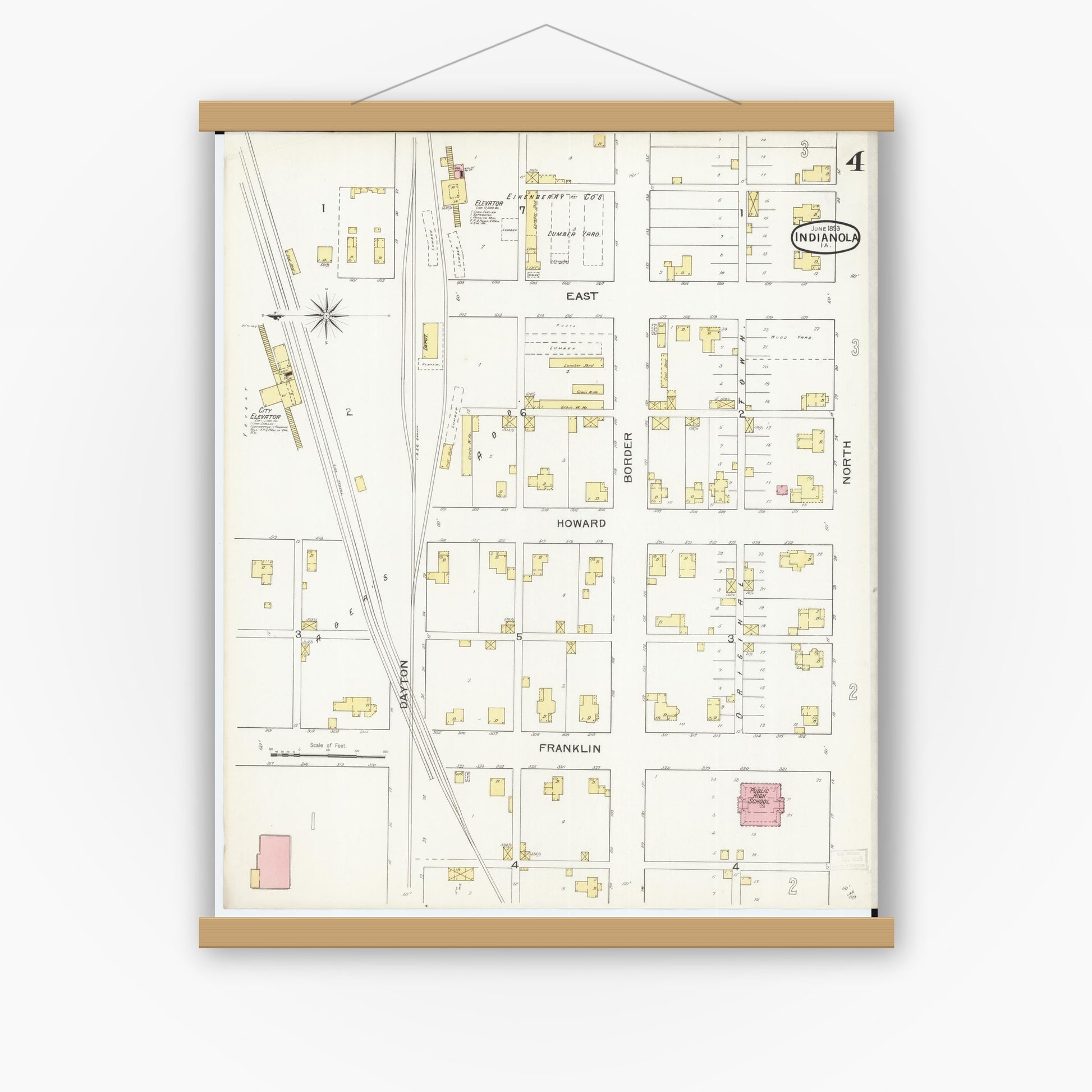 Old map wall art mockup — magnetic wood frame on white wall — Sanborn Fire Insurance Map from Indianola, Warren County, Iowa (1893), Sheet #0004