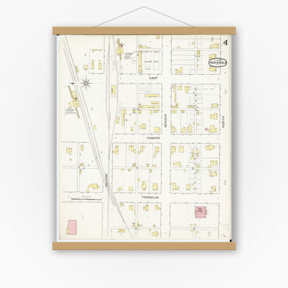 Old map wall art mockup — magnetic wood frame on white wall — Sanborn Fire Insurance Map from Indianola, Warren County, Iowa (1893), Sheet #0004