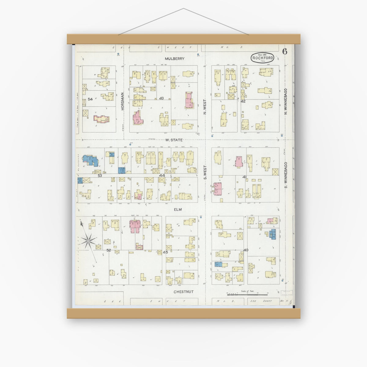 Old map wall art mockup — magnetic wood frame on white wall — Sanborn Fire Insurance Map from Rockford, Winnebago County, Illinois (1891), Sheet #0006