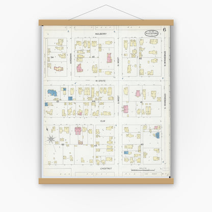 Old map wall art mockup — magnetic wood frame on white wall — Sanborn Fire Insurance Map from Rockford, Winnebago County, Illinois (1891), Sheet #0006