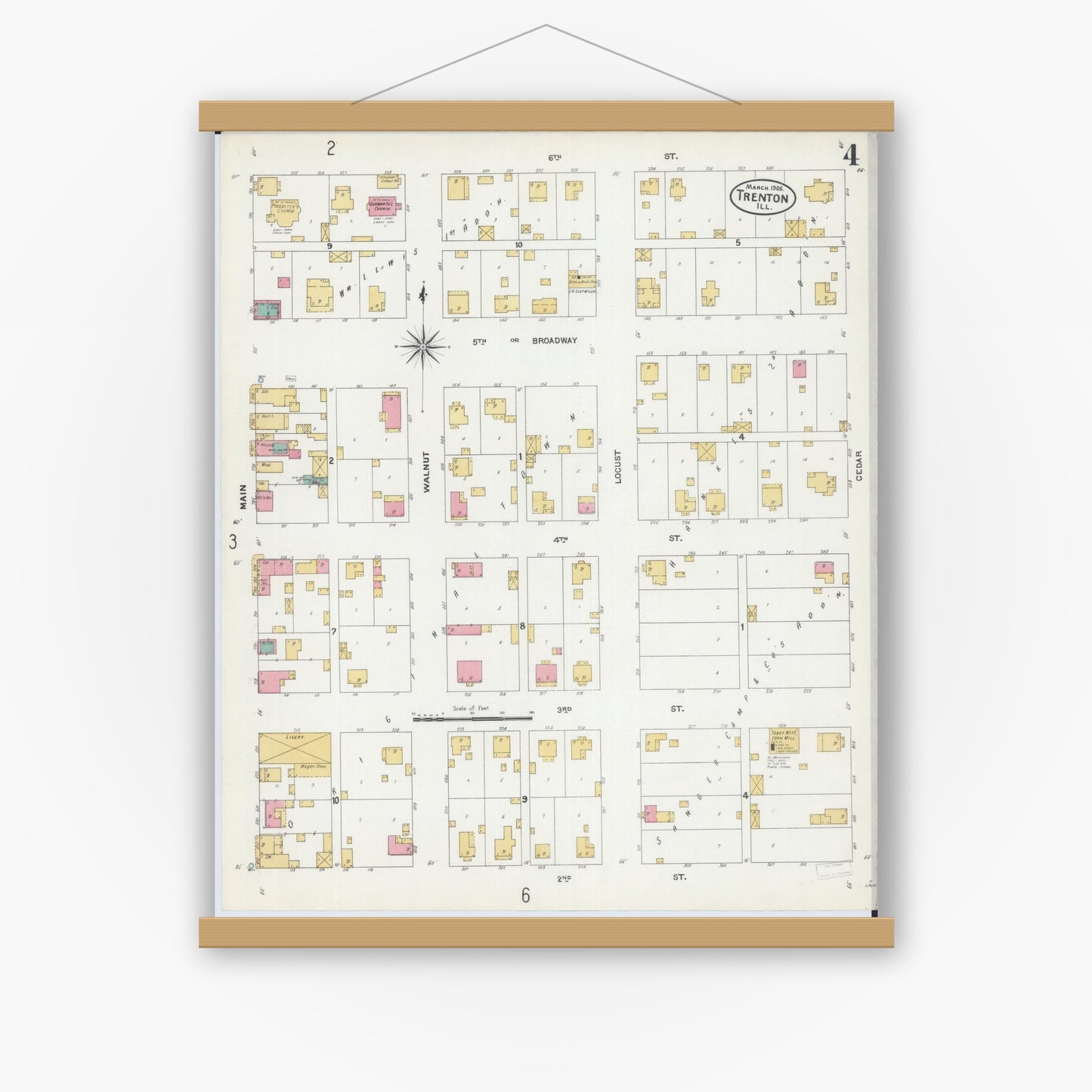 Old map wall art mockup — magnetic wood frame on white wall — Sanborn Fire Insurance Map from Trenton, Clinton County, Illinois (1906), Sheet #0004