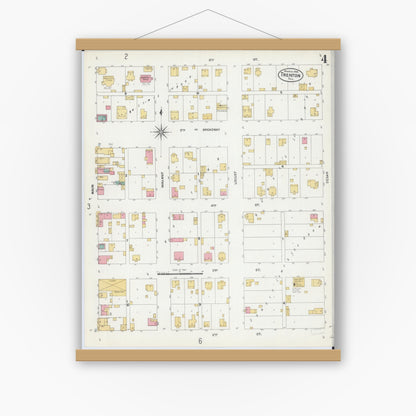 Old map wall art mockup — magnetic wood frame on white wall — Sanborn Fire Insurance Map from Trenton, Clinton County, Illinois (1906), Sheet #0004