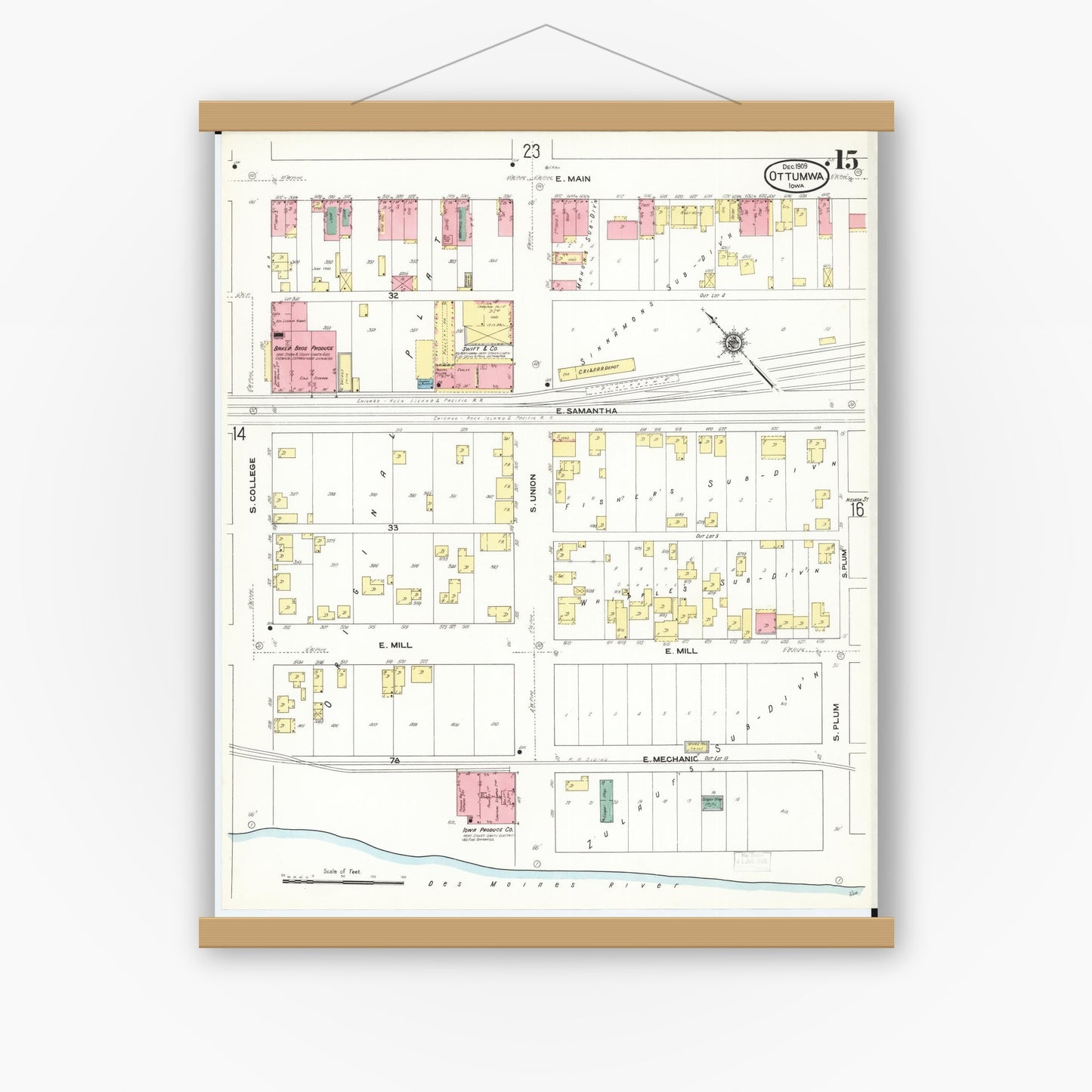 Old map wall art mockup — magnetic wood frame on white wall — Sanborn Fire Insurance Map from Ottumwa, Wapello County, Iowa (1909), Sheet #0015