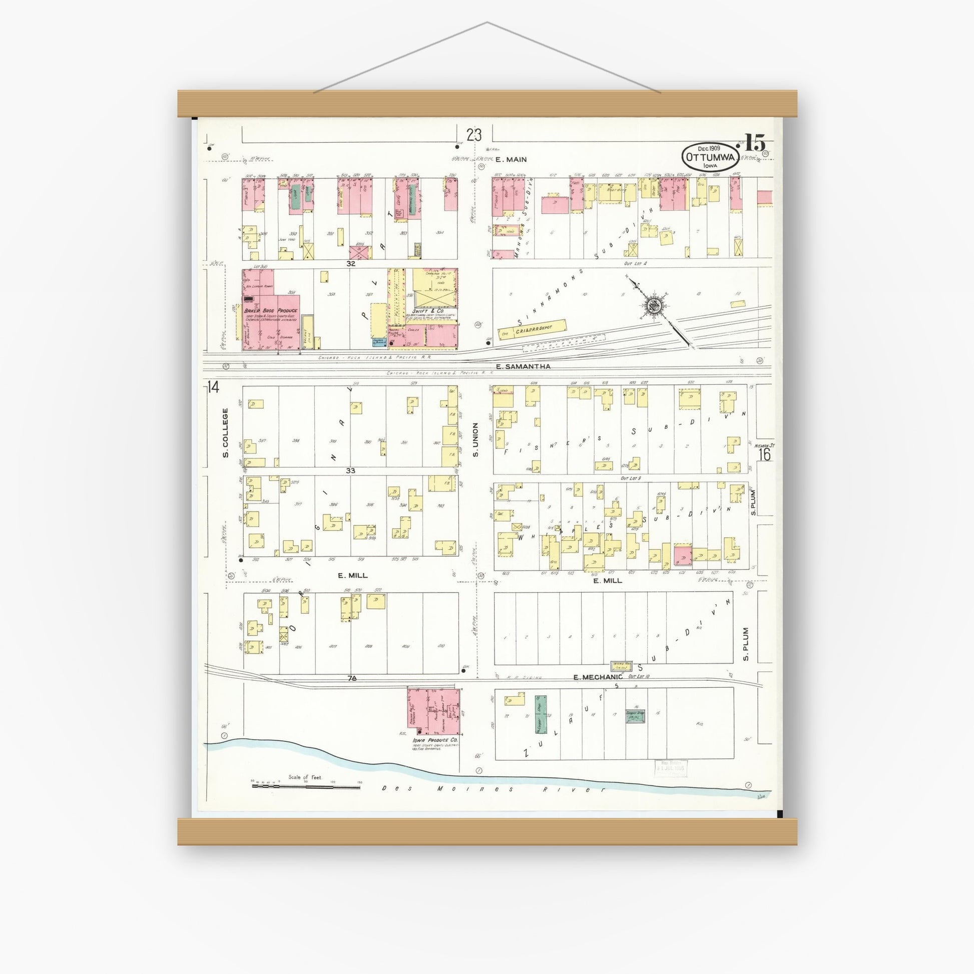 Old map wall art mockup — magnetic wood frame on white wall — Sanborn Fire Insurance Map from Ottumwa, Wapello County, Iowa (1909), Sheet #0015
