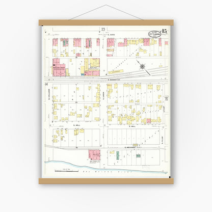 Old map wall art mockup — magnetic wood frame on white wall — Sanborn Fire Insurance Map from Ottumwa, Wapello County, Iowa (1909), Sheet #0015