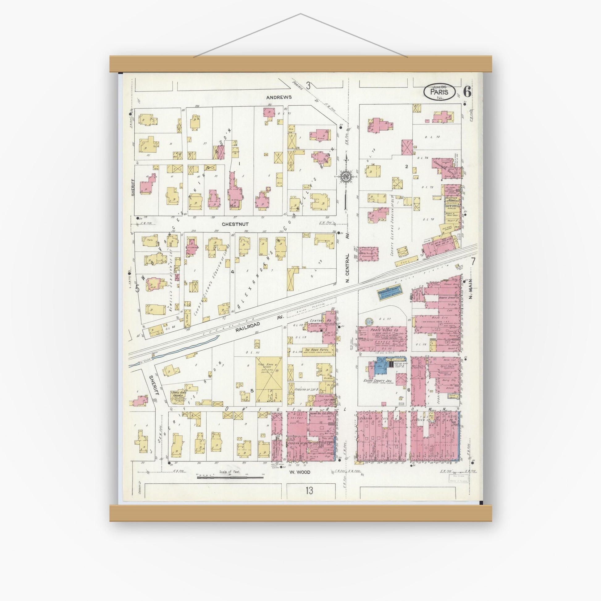 Old map wall art mockup — magnetic wood frame on white wall — Sanborn Fire Insurance Map from Paris, Edgar County, Illinois (1916), Sheet #0006