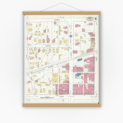 Old map wall art mockup — magnetic wood frame on white wall — Sanborn Fire Insurance Map from Paris, Edgar County, Illinois (1916), Sheet #0006