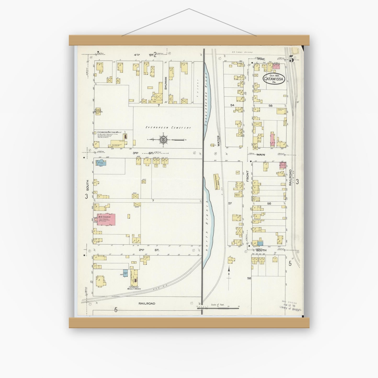 Old map wall art mockup — magnetic wood frame on white wall — Sanborn Fire Insurance Map from Catawissa, Columbia County, Pennsylvania (1913), Sheet #0005