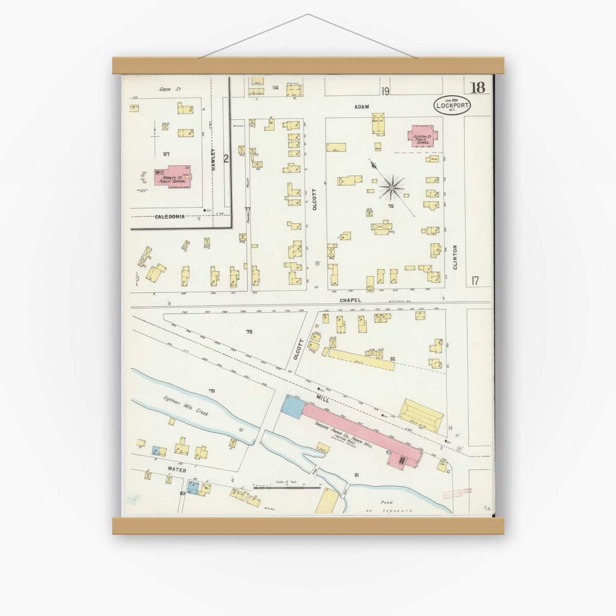 Old map wall art mockup — magnetic wood frame on white wall — Sanborn Fire Insurance Map from Lockport, Niagara County, New York (1898), Sheet #0018