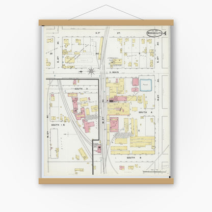 Old map wall art mockup — magnetic wood frame on white wall — Sanborn Fire Insurance Map from Monmouth, Warren County, Illinois (1892), Sheet #0004