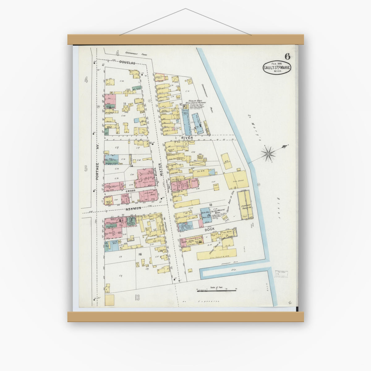 Old map wall art mockup — magnetic wood frame on white wall — Sanborn Fire Insurance Map from Sault Sainte Marie, Chippewa County, Michigan (1895), Sheet #0006