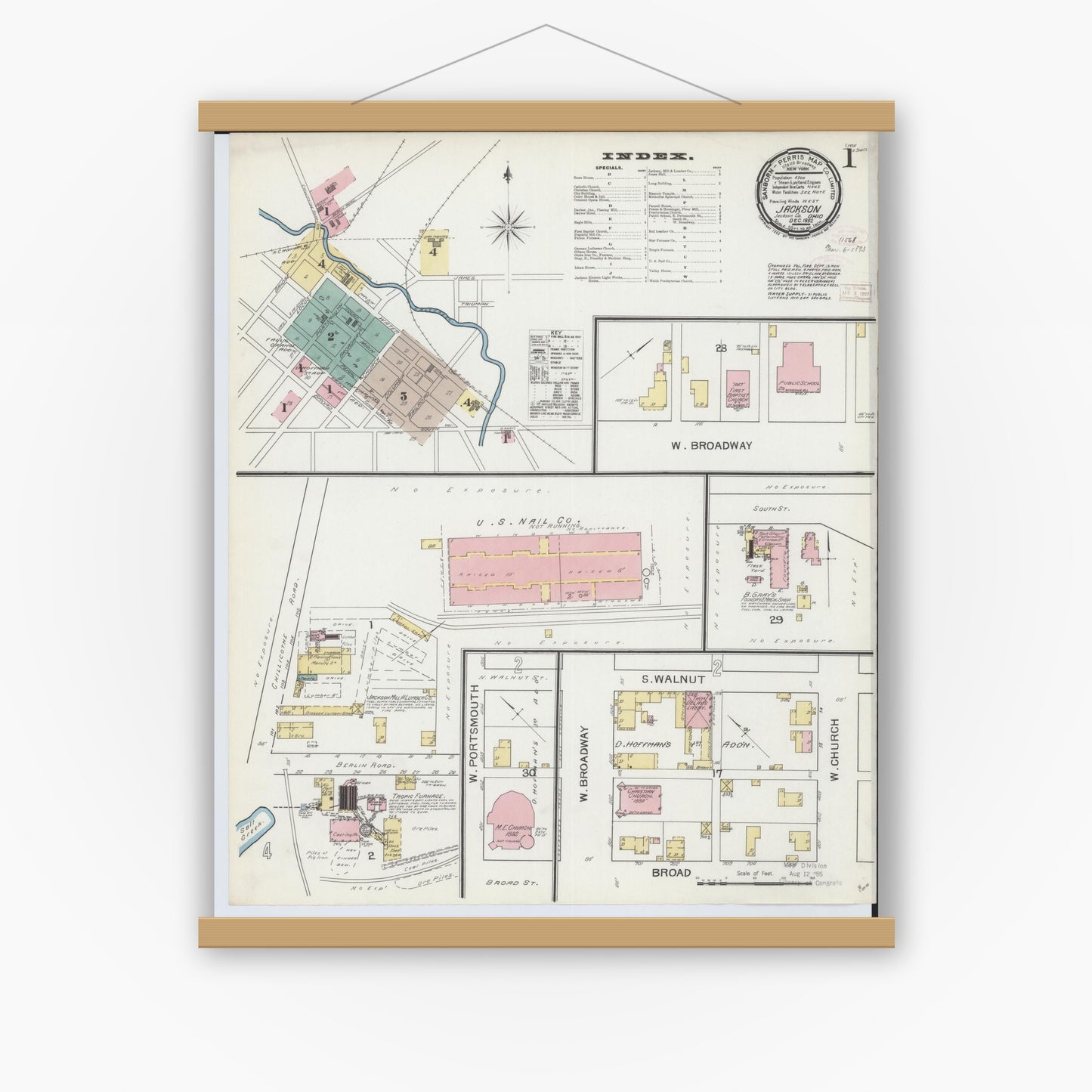 Old map wall art mockup — magnetic wood frame on white wall — Sanborn Fire Insurance Map from Jackson, Jackson County, Ohio (1892) - Complete Map Set