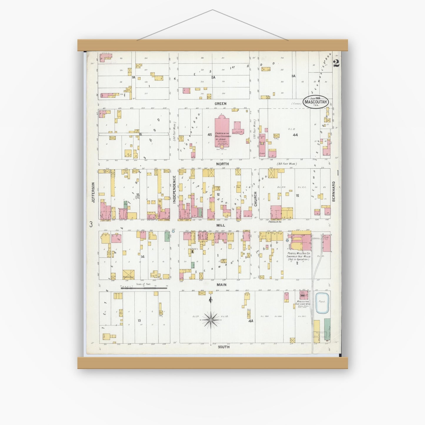 Old map wall art mockup — magnetic wood frame on white wall — Sanborn Fire Insurance Map from Mascoutah, Saint Clair County, Illinois (1900), Sheet #0002