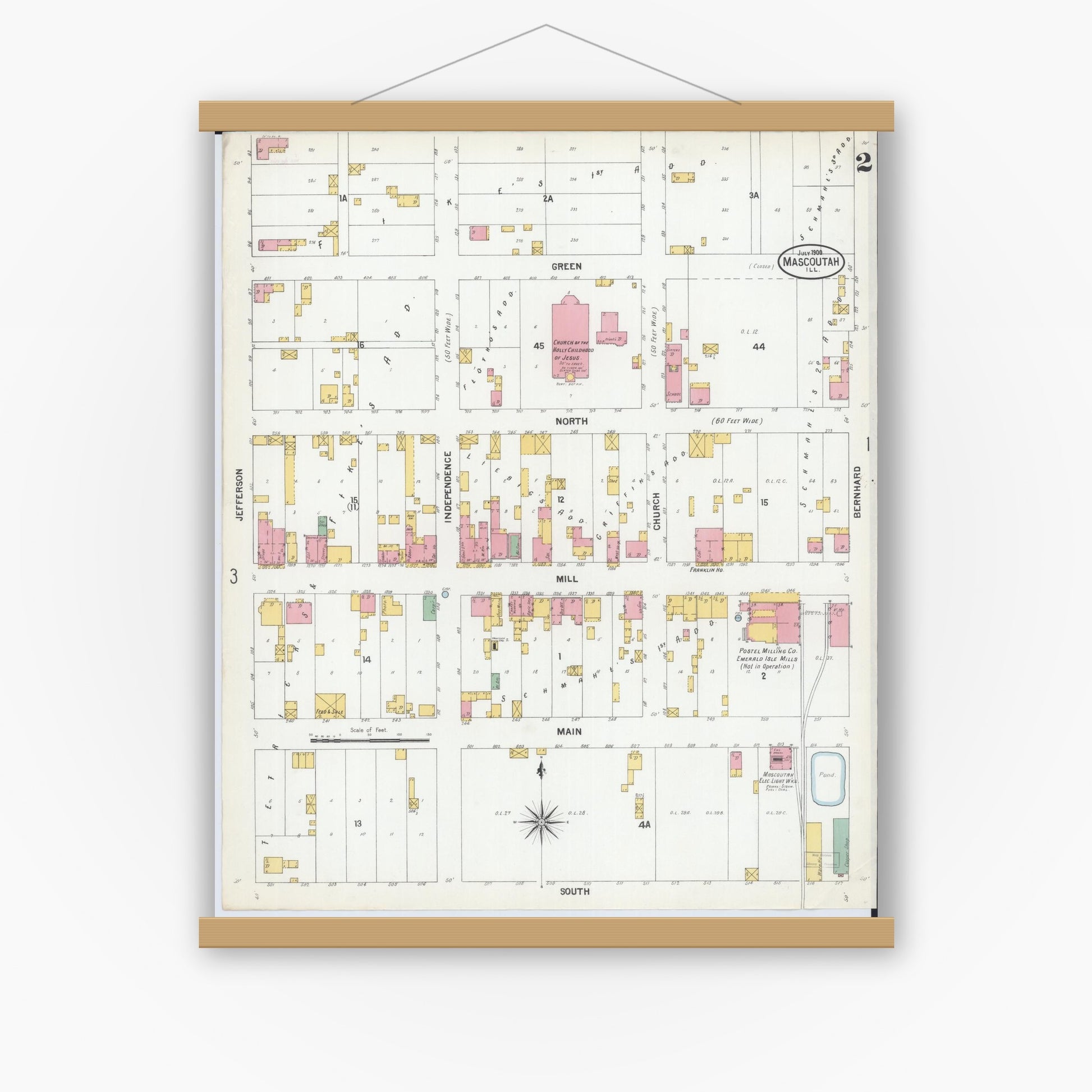 Old map wall art mockup — magnetic wood frame on white wall — Sanborn Fire Insurance Map from Mascoutah, Saint Clair County, Illinois (1900), Sheet #0002