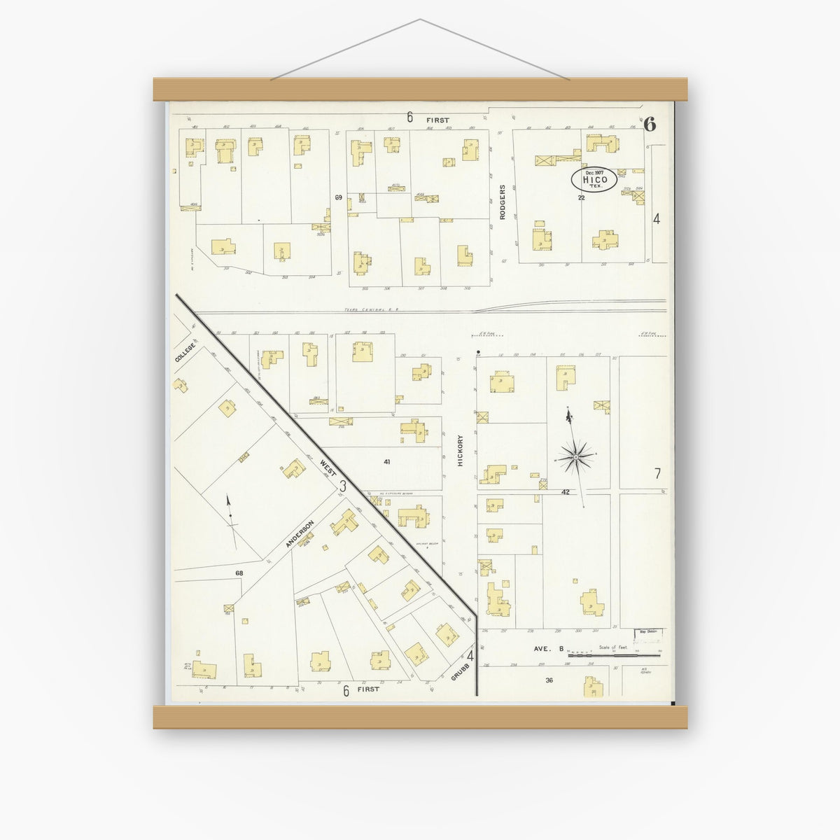 Old map wall art mockup — magnetic wood frame on white wall — Sanborn Fire Insurance Map from Hico, Hamilton County, Texas (1907), Sheet #0006