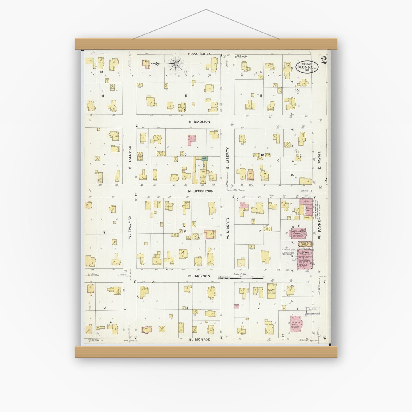 Old map wall art mockup — magnetic wood frame on white wall — Sanborn Fire Insurance Map from Monroe, Green County, Wisconsin (1908), Sheet #0002