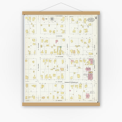 Old map wall art mockup — magnetic wood frame on white wall — Sanborn Fire Insurance Map from Monroe, Green County, Wisconsin (1908), Sheet #0002