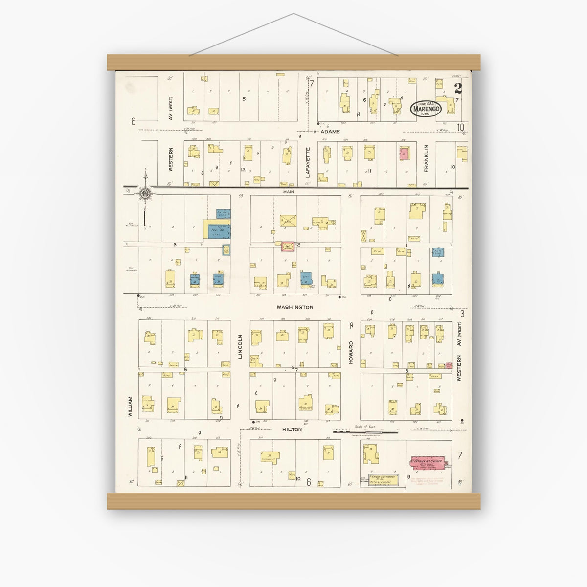 Old map wall art mockup — magnetic wood frame on white wall — Sanborn Fire Insurance Map from Marengo, Iowa County, Iowa (1922), Sheet #0002