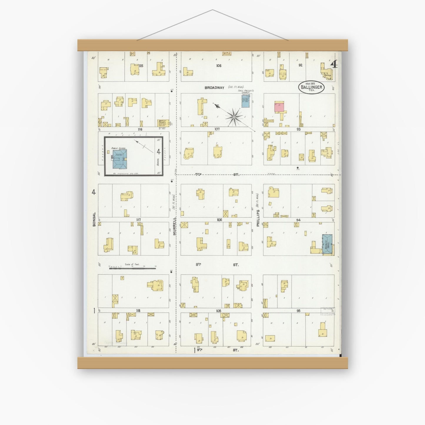 Old map wall art mockup — magnetic wood frame on white wall — Sanborn Fire Insurance Map from Ballinger, Runnels County, Texas (1902), Sheet #0004