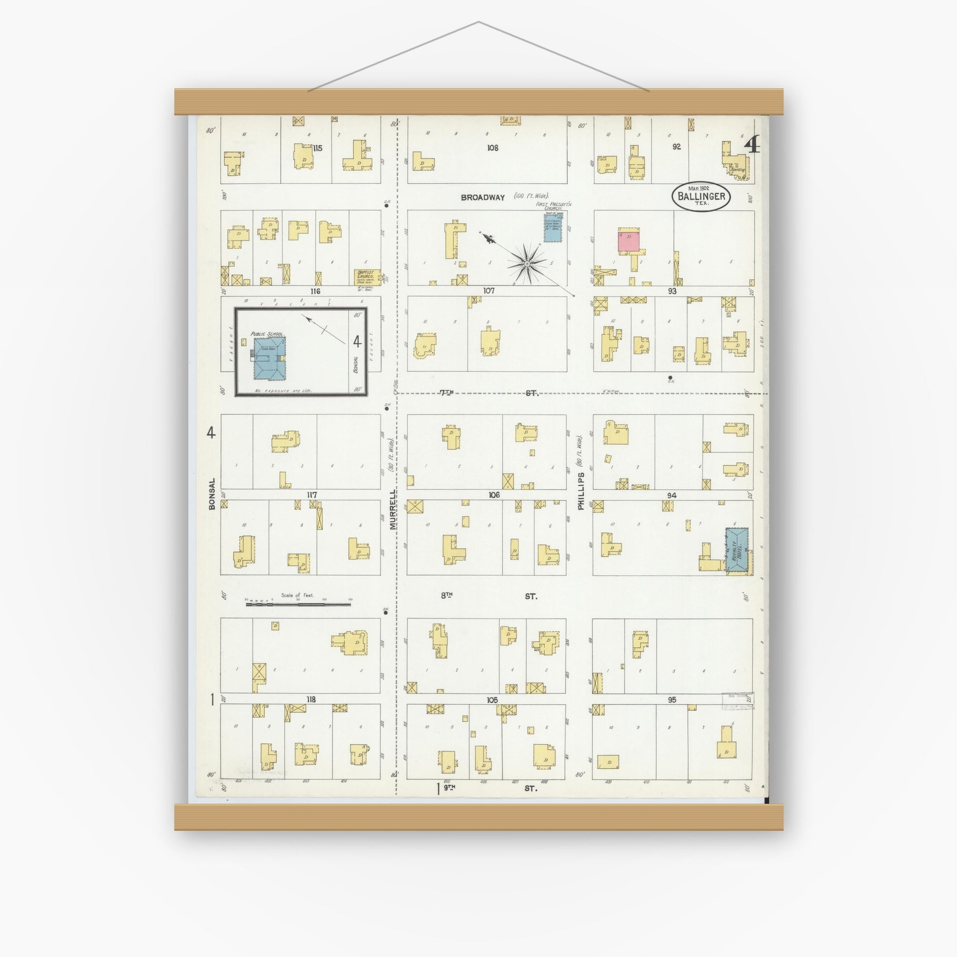 Old map wall art mockup — magnetic wood frame on white wall — Sanborn Fire Insurance Map from Ballinger, Runnels County, Texas (1902), Sheet #0004