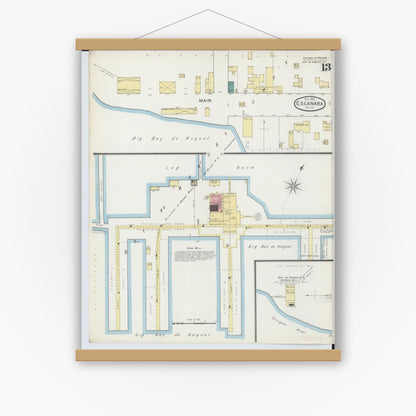 Old map wall art mockup — magnetic wood frame on white wall — Sanborn Fire Insurance Map from Escanaba, Delta County, Michigan (1893), Sheet #0013