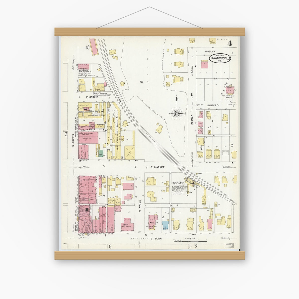 Old map wall art mockup — magnetic wood frame on white wall — Sanborn Fire Insurance Map from Crawfordsville, Montgomery County, Indiana (1907), Sheet #0004