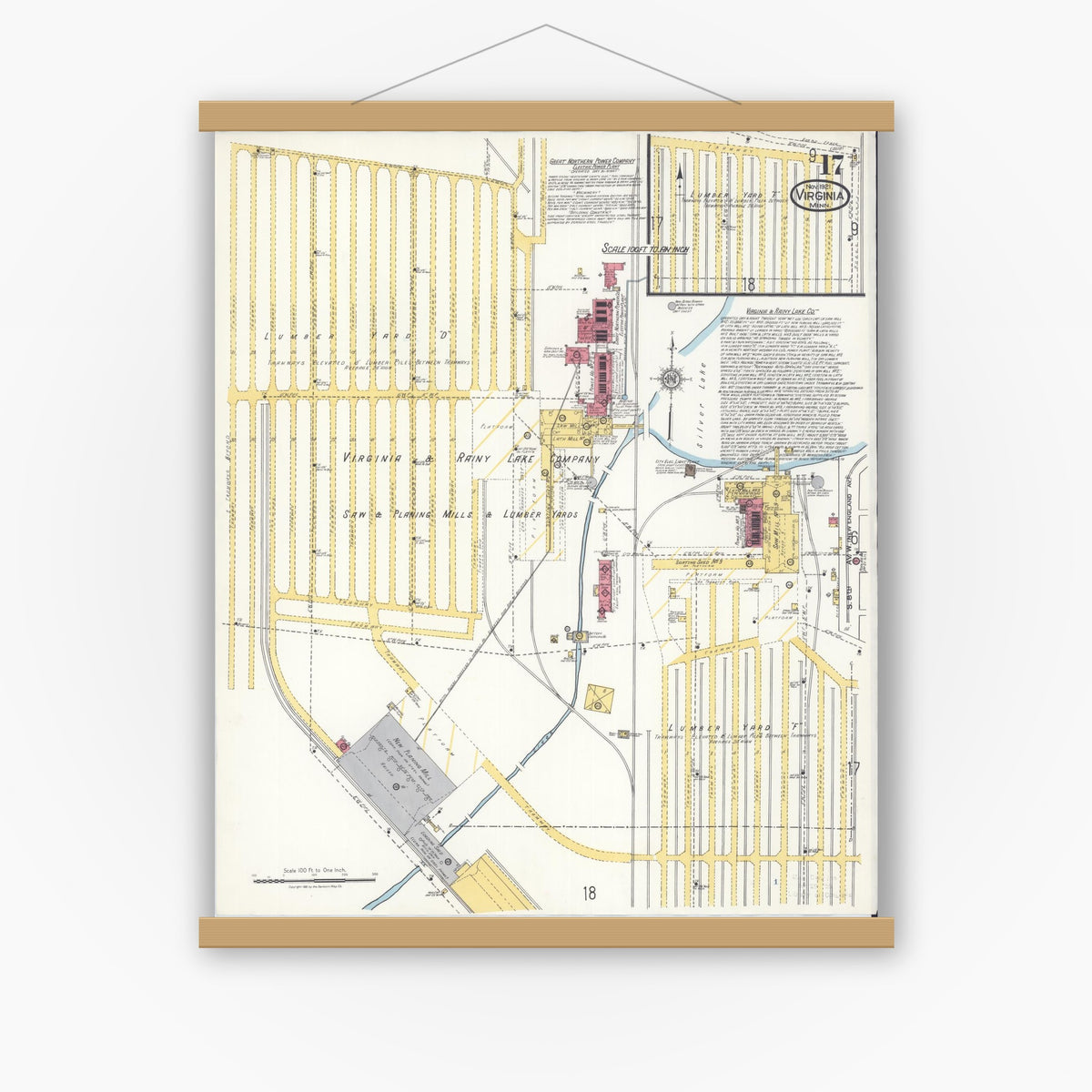 Old map wall art mockup — magnetic wood frame on white wall — Sanborn Fire Insurance Map from Virginia, Saint Louis County, Minnesota (1921), Sheet #0017