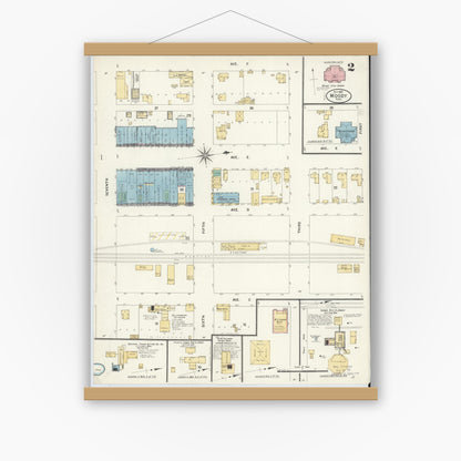 Old map wall art mockup — magnetic wood frame on white wall — Sanborn Fire Insurance Map from Moody, McLennan County, Texas (1907), Sheet #0002