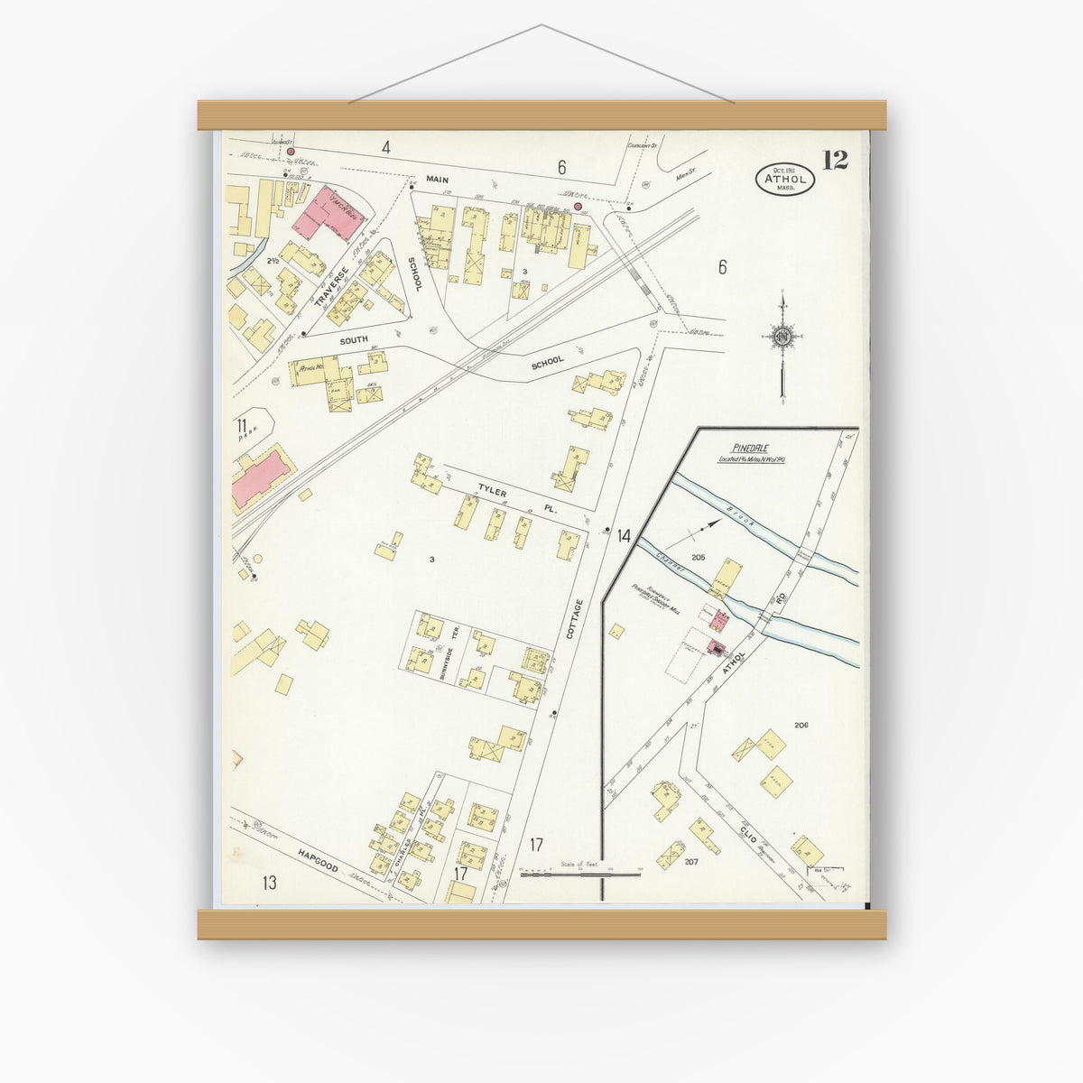 Old map wall art mockup — magnetic wood frame on white wall — Sanborn Fire Insurance Map from Athol, Worcester County, Massachusetts (1911), Sheet #0012