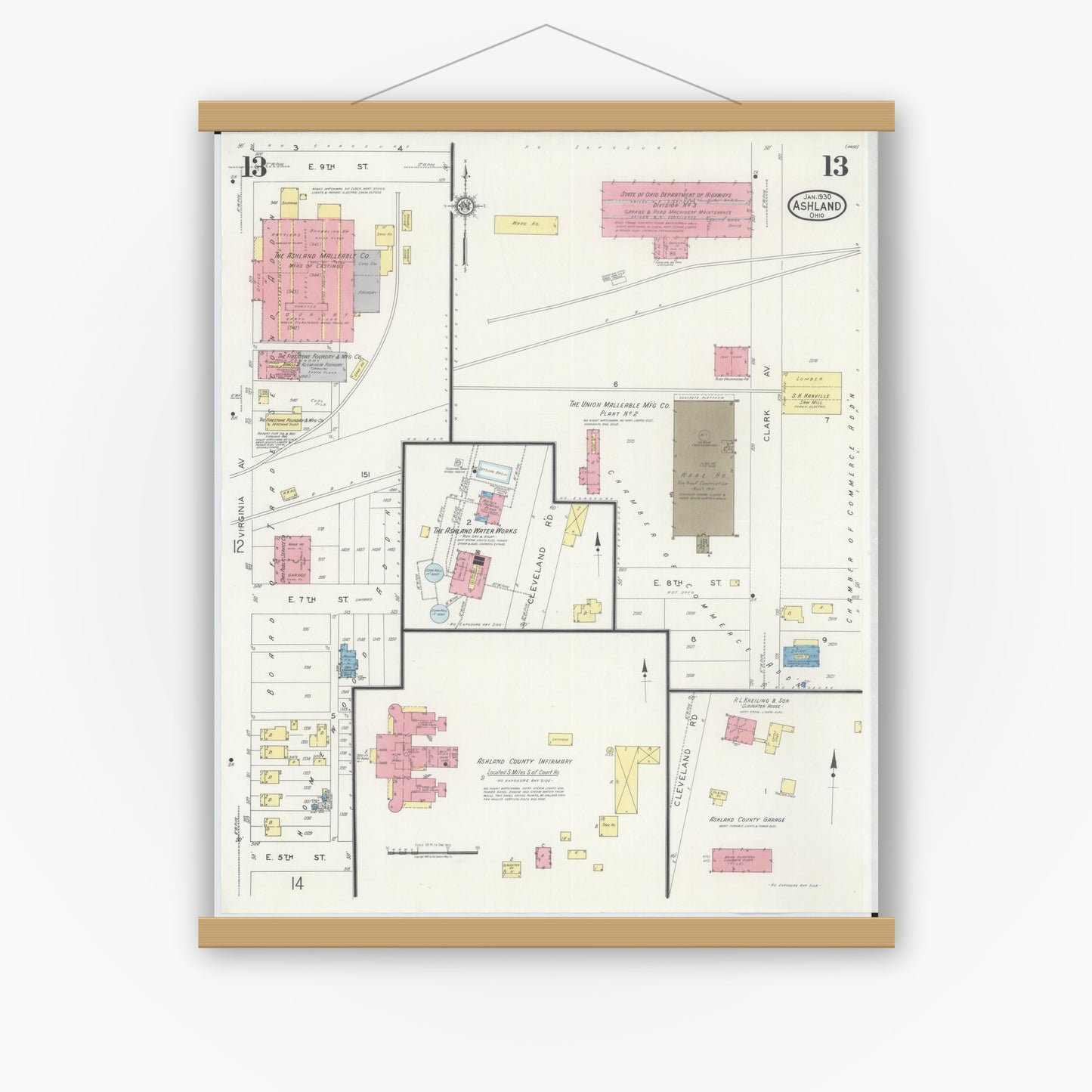 Old map wall art mockup — magnetic wood frame on white wall — Sanborn Fire Insurance Map from Ashland, Ashland County, Ohio (1930), Sheet #0013