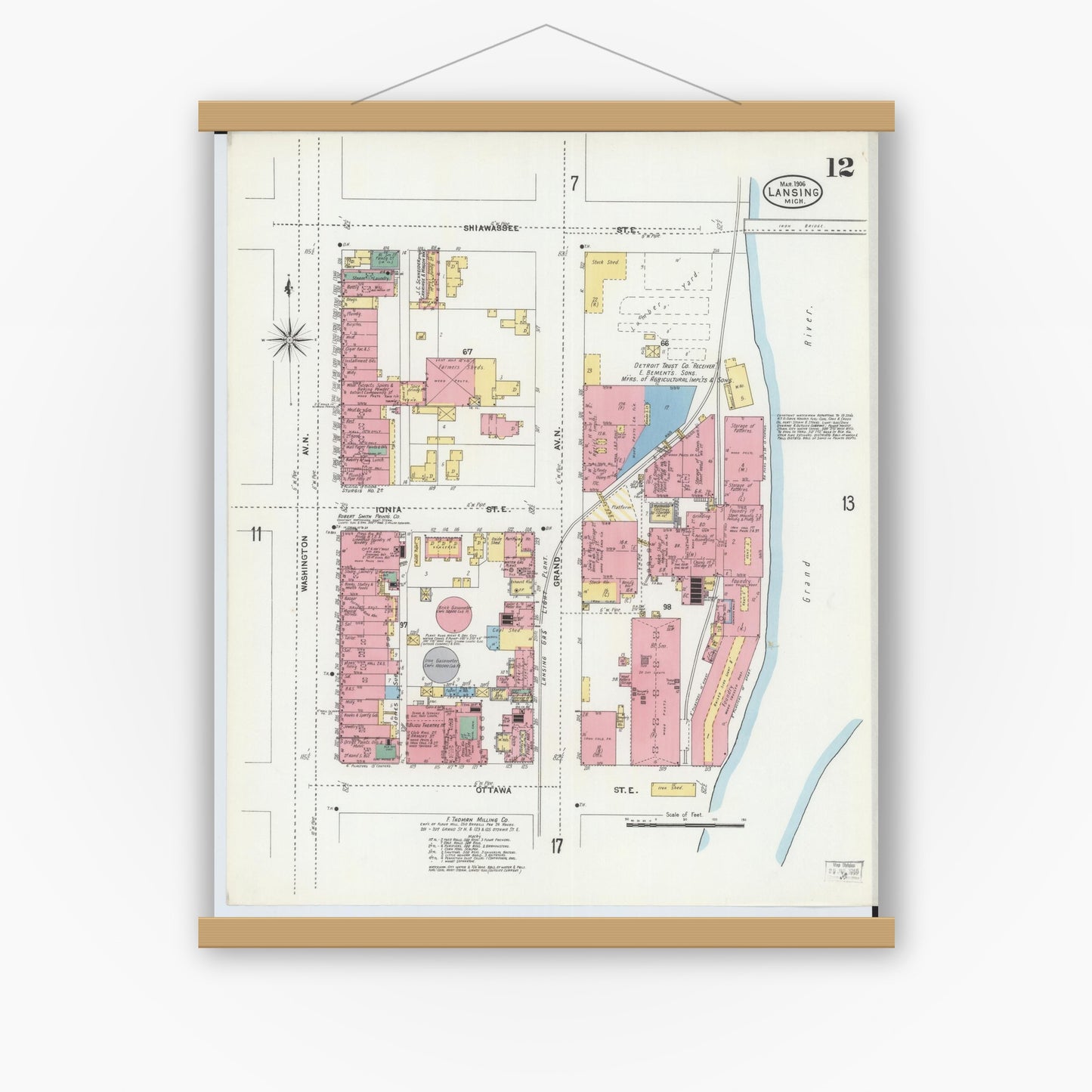 Old map wall art mockup — magnetic wood frame on white wall — Sanborn Fire Insurance Map from Lansing, Ingham County, Michigan (1906), Sheet #0012