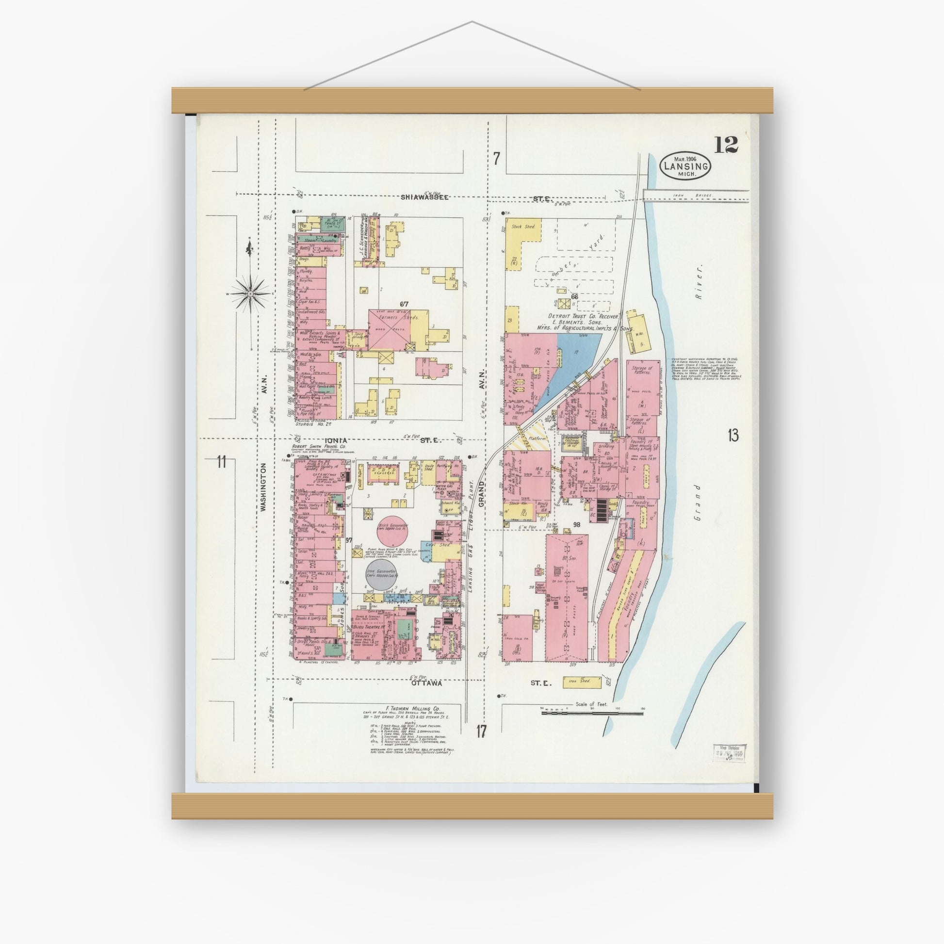 Old map wall art mockup — magnetic wood frame on white wall — Sanborn Fire Insurance Map from Lansing, Ingham County, Michigan (1906), Sheet #0012