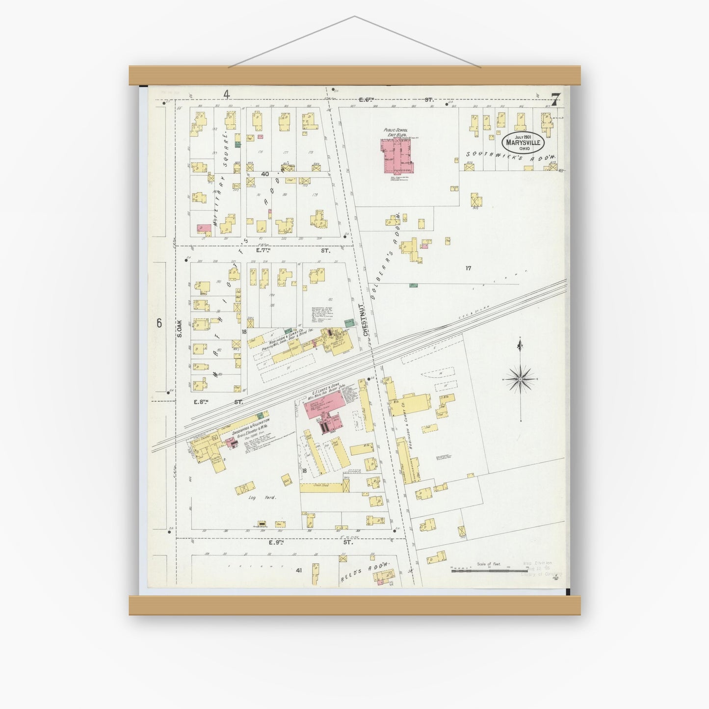 Old map wall art mockup — magnetic wood frame on white wall — Sanborn Fire Insurance Map from Marysville, Union County, Ohio (1901), Sheet #0007