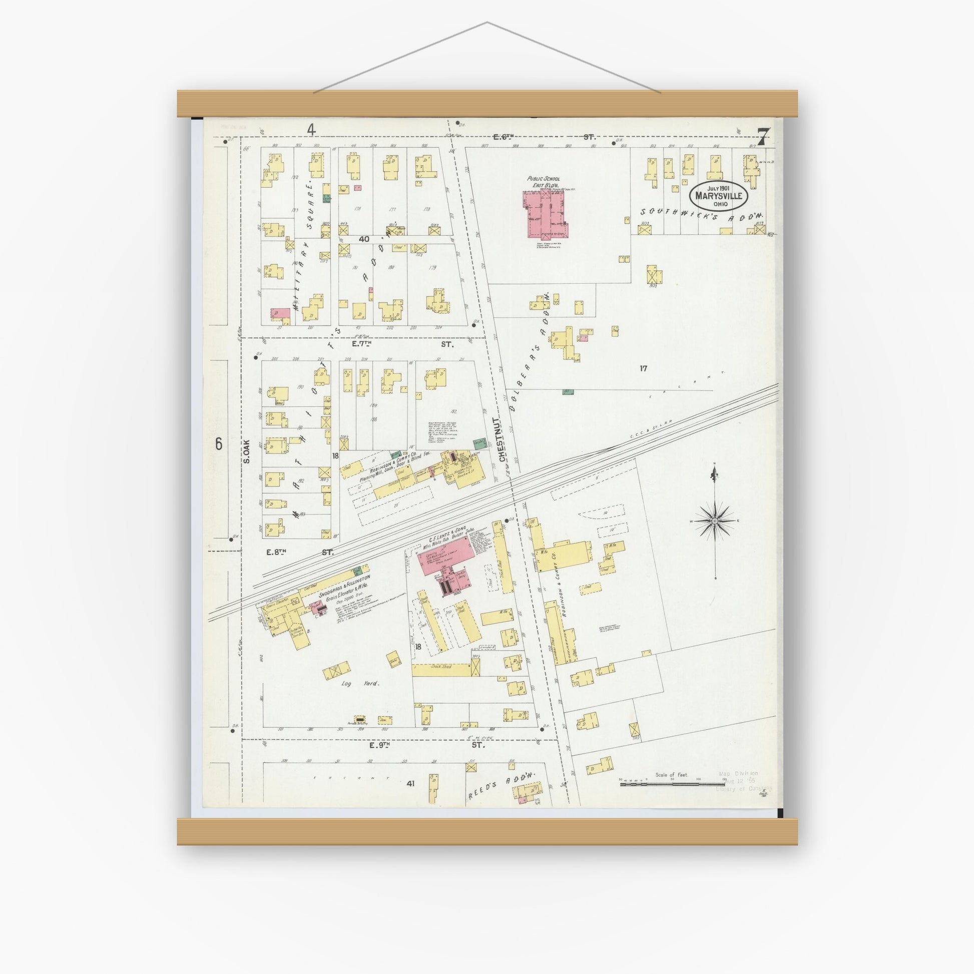 Old map wall art mockup — magnetic wood frame on white wall — Sanborn Fire Insurance Map from Marysville, Union County, Ohio (1901), Sheet #0007