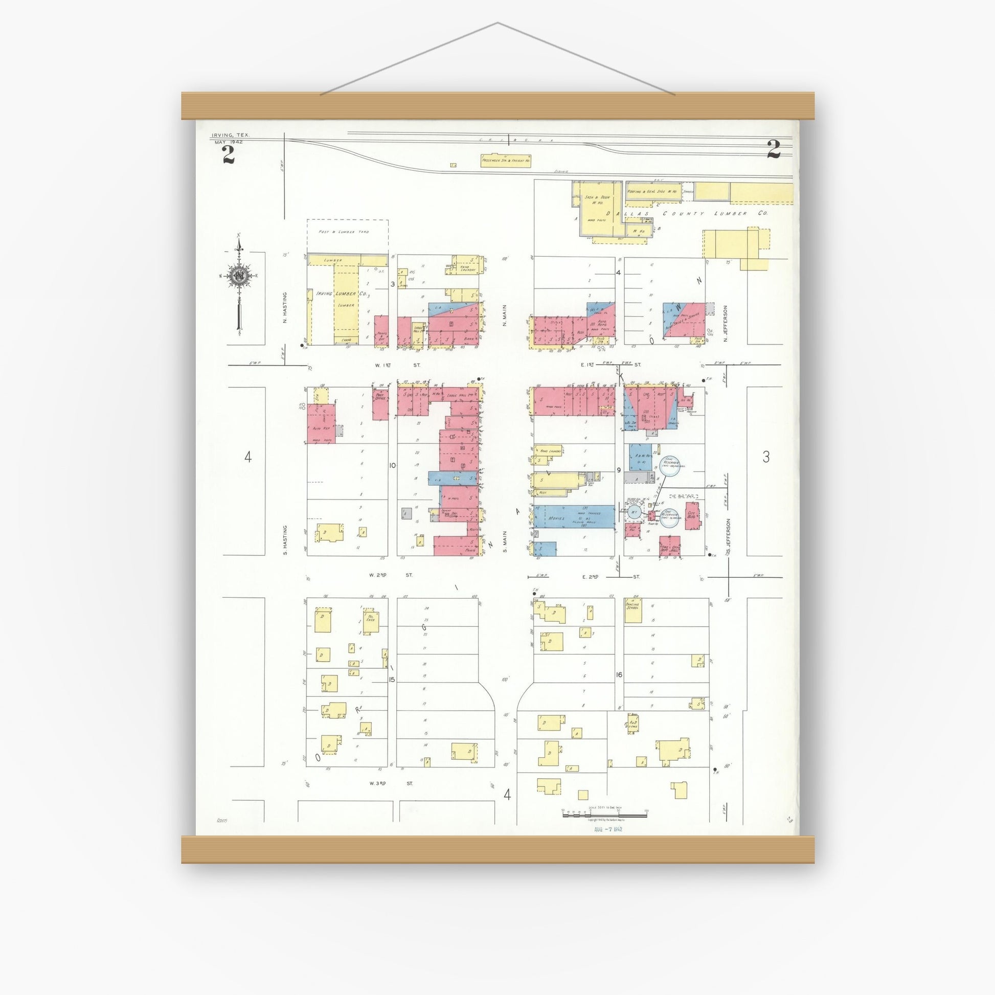 Old map wall art mockup — magnetic wood frame on white wall — Sanborn Fire Insurance Map from Irving, Dallas County, Texas (1942), Sheet #0002