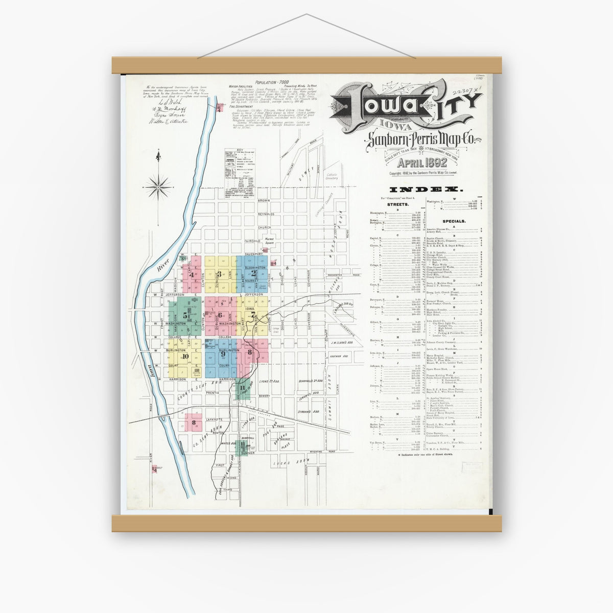 Old map wall art mockup — magnetic wood frame on white wall — Sanborn Fire Insurance Map from Iowa City, Johnson County, Iowa (1892) â€” Complete Set