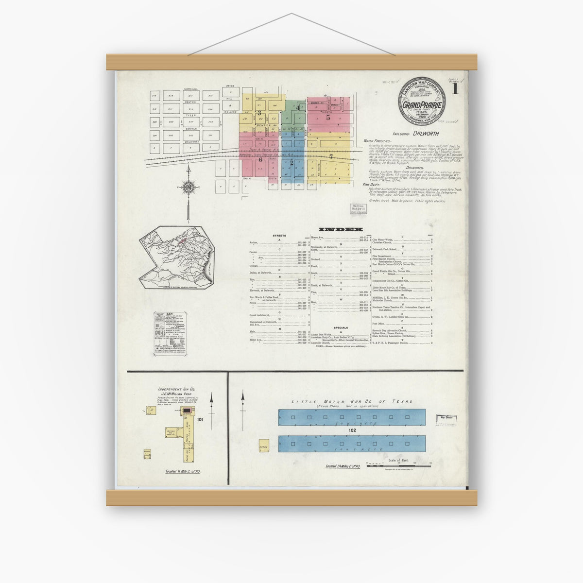 Old map wall art mockup — magnetic wood frame on white wall — Sanborn Fire Insurance Map from Grand Prairie, Dallas County, Texas (1920) - Complete Map Set