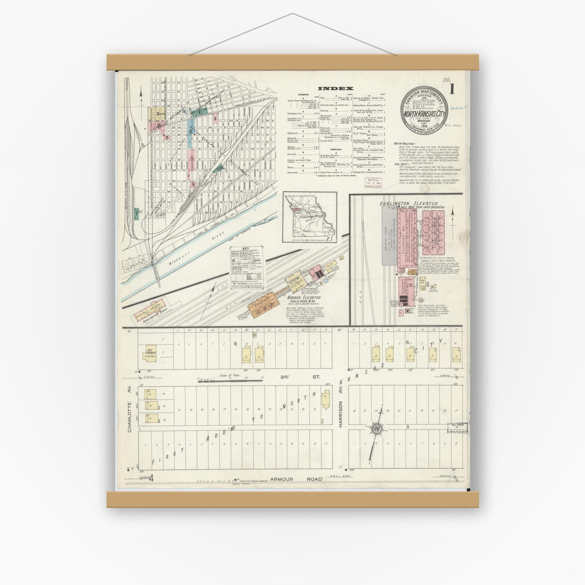 Old map wall art mockup — magnetic wood frame on white wall — Sanborn Fire Insurance Map from North Kansas City, Clay County, Missouri (1914), Sheet #0001