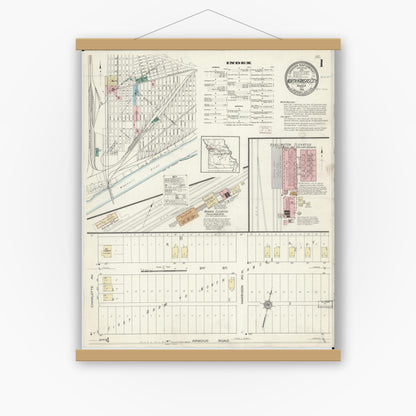 Old map wall art mockup — magnetic wood frame on white wall — Sanborn Fire Insurance Map from North Kansas City, Clay County, Missouri (1914), Sheet #0001