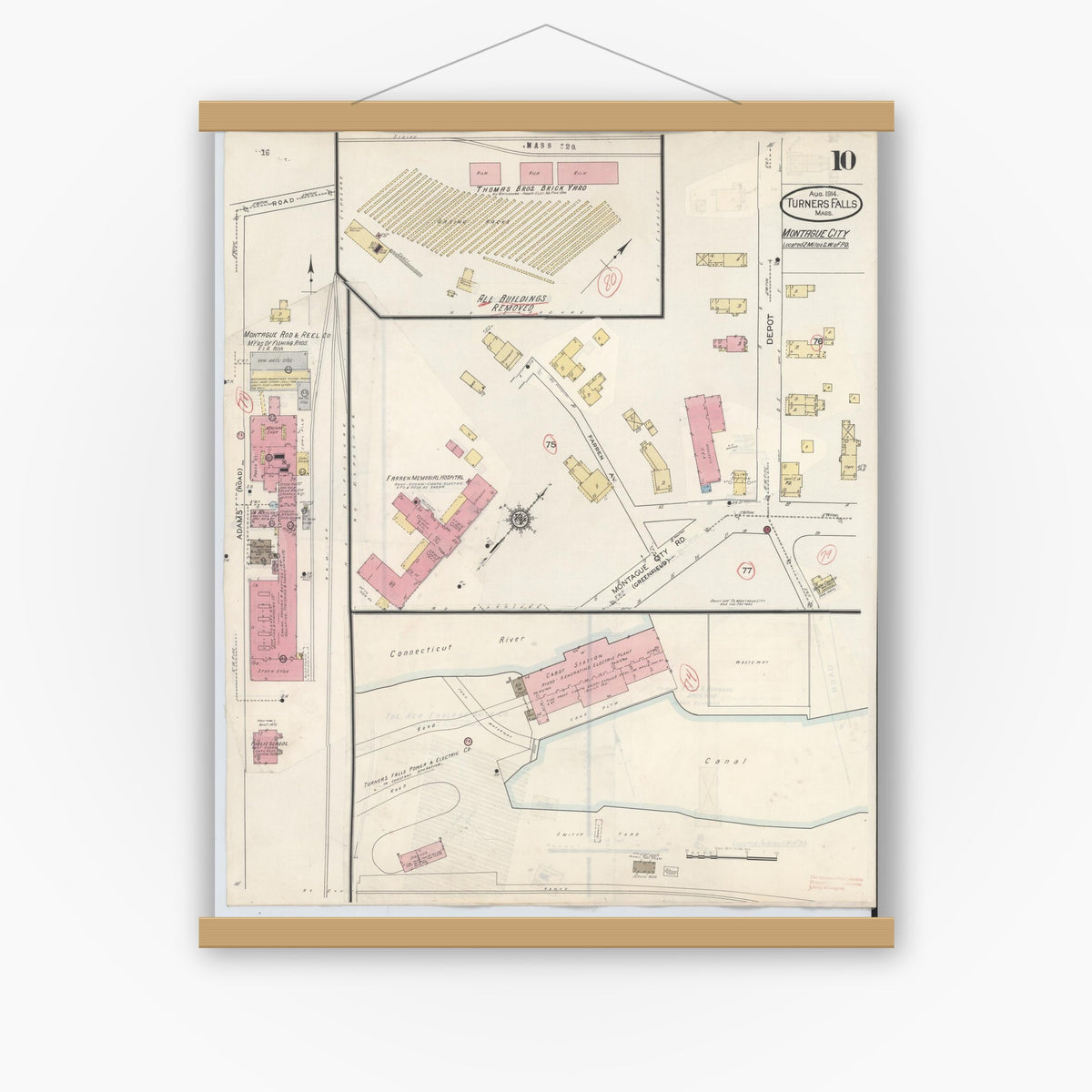 Old map wall art mockup — magnetic wood frame on white wall — Sanborn Fire Insurance Map from Turners Falls, Franklin County, Massachusetts (1940), Sheet #0010
