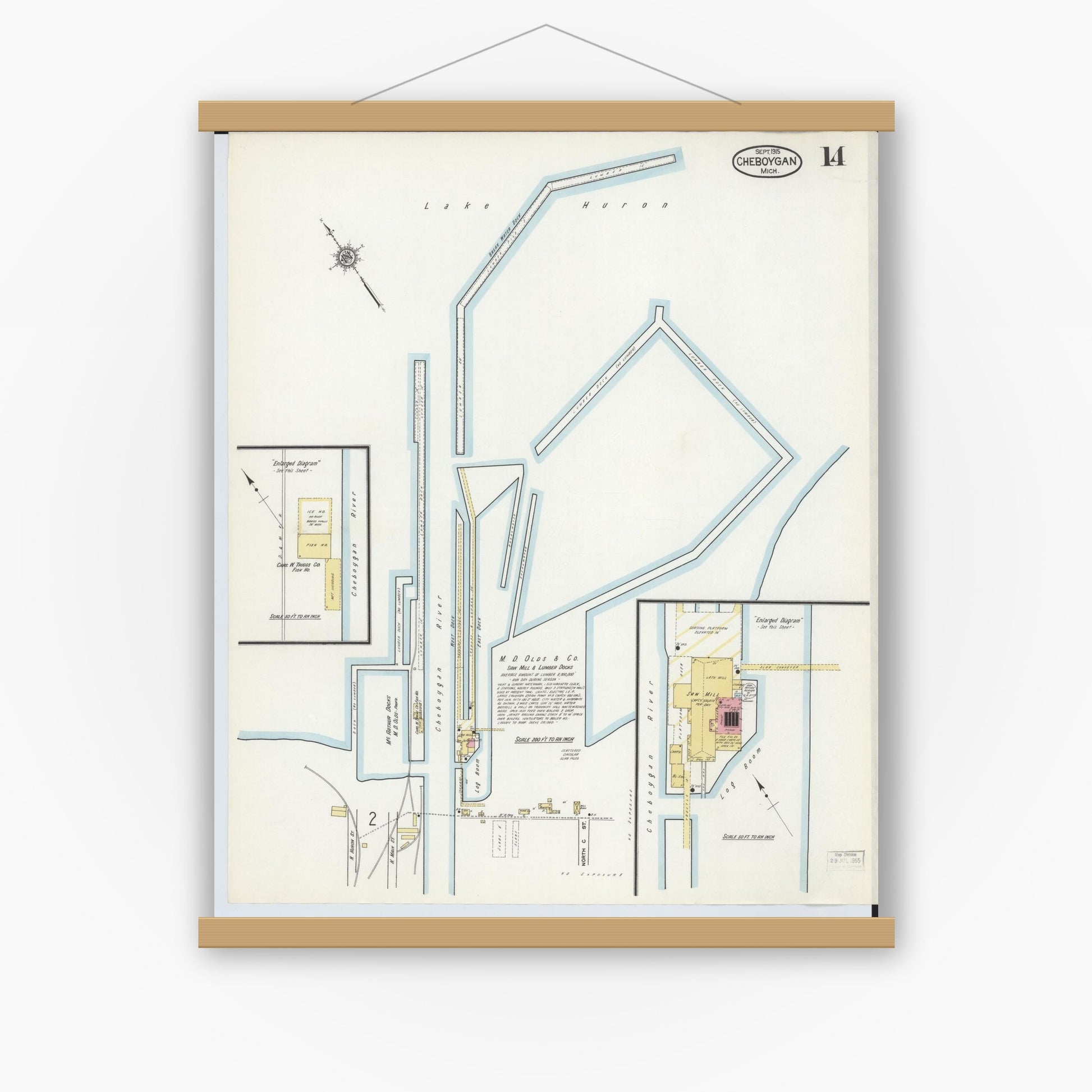 Old map wall art mockup — magnetic wood frame on white wall — Sanborn Fire Insurance Map from Cheboygan, Cheboygan County, Michigan (1915), Sheet #0014
