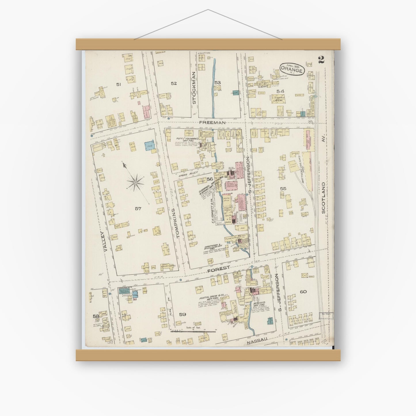 Old map wall art mockup — magnetic wood frame on white wall — Sanborn Fire Insurance Map from Orange, Essex County, New Jersey (1885), Sheet #0002